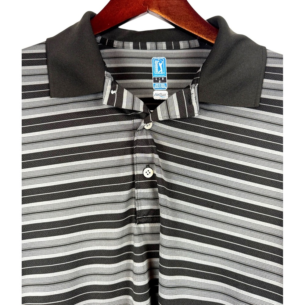 PGA‎ Tour Mens Golf Polo Shirt Large Gray Black Striped Airflux Performance